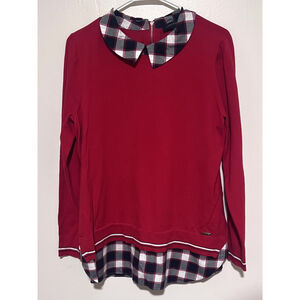 Tommy Hilfiger Layered Sweater Women’s Large Red Shirttail Twofer Preppy Plaid